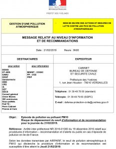 Lire la suite à propos de l’article Message d’alerte de la préfecture des Yvelines relatif à la prévision de pollution à l’ozone